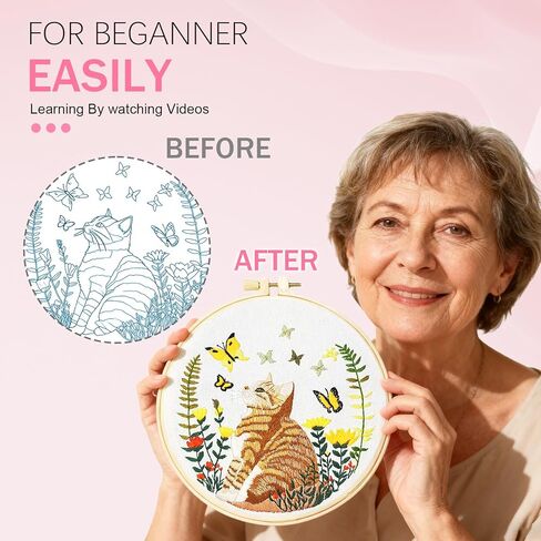 Huacan Embroidery Kit for Beginners Adults Includes Stamped Cat Pattern, Hoop, Color Threads,Tools,Easy to Follow Instruction in Kuwait