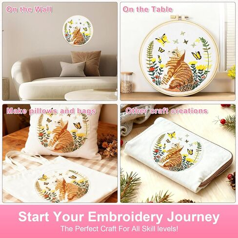 Huacan Embroidery Kit for Beginners Adults Includes Stamped Cat Pattern, Hoop, Color Threads,Tools,Easy to Follow Instruction in Kuwait