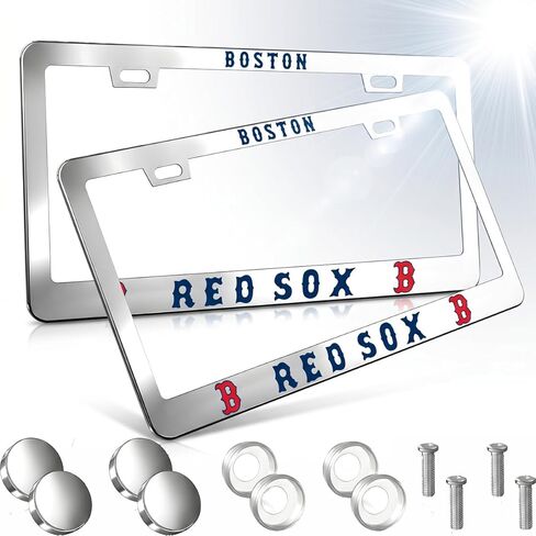 2 Packs fit for Red Sox License Plate Frames-Aluminum Alloy Silver-12.3 X 6.3 Inches for Men Women in Kuwait