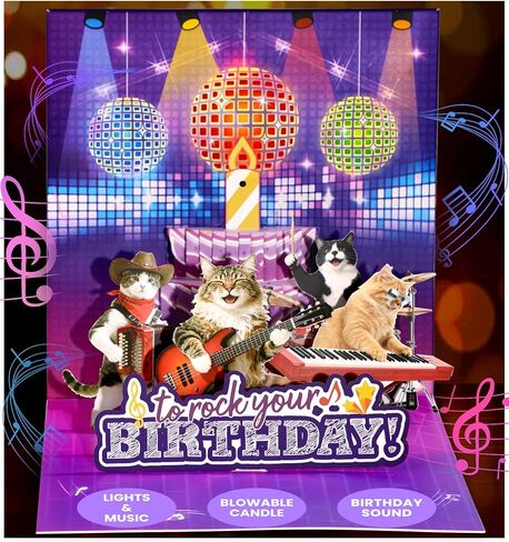 Rock Cats Musical Birthday Card - DIY Age, Blowable Candle, Disco Ball Lights, Meow Rock Happy-birthday Song, Funny Birthday Pop up Card, 3D Cute Surprise Gifts for Women Men Kids Cat Lover in Saudi Arabia
