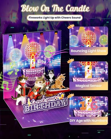 Rock Cats Musical Birthday Card - DIY Age, Blowable Candle, Disco Ball Lights, Meow Rock Happy-birthday Song, Funny Birthday Pop up Card, 3D Cute Surprise Gifts for Women Men Kids Cat Lover in Saudi Arabia