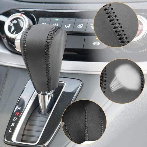 Compatible with DIY Genuine Leather Gear Shift Knob Cover Interior Accessories Protective Decoration for Honda CRV 2015 2016 Black with Black Stitches in Kuwait