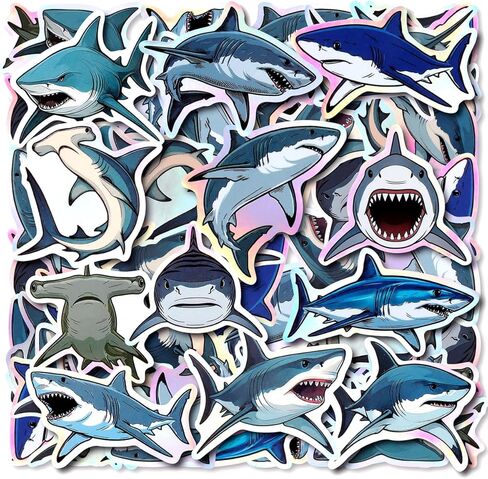 100pcs Holographic Shark Waterproof Vinyl Stickers - Cool Ocean Animal Decor & Party Favors for Laptop, Water Bottle, Classroom in Saudi Arabia