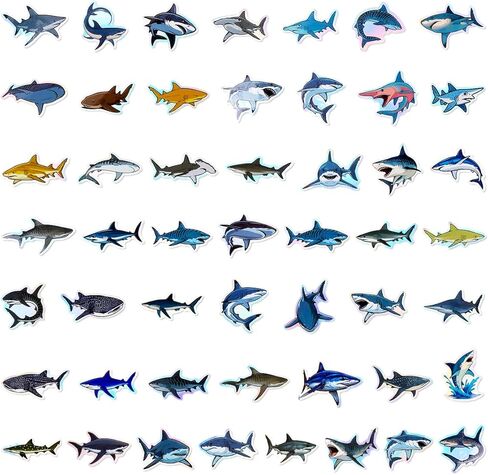 100pcs Holographic Shark Waterproof Vinyl Stickers - Cool Ocean Animal Decor & Party Favors for Laptop, Water Bottle, Classroom in Saudi Arabia