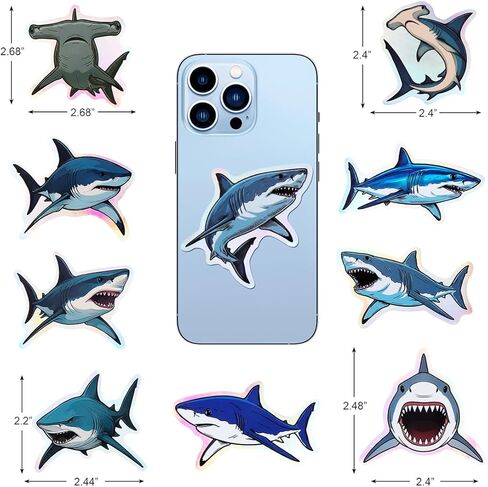 100pcs Holographic Shark Waterproof Vinyl Stickers - Cool Ocean Animal Decor & Party Favors for Laptop, Water Bottle, Classroom in Saudi Arabia