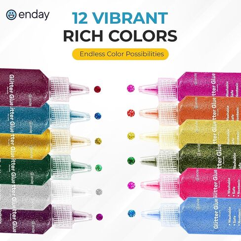 Enday Glitter Glue for Crafts - 12 Assorted Colors - Non-Toxic Washable Glitter Glue Pens, Bulk Pack Bright Classic Colors, Used for Gluing, Drawing, Writing, Christmas Stockings. in Kuwait