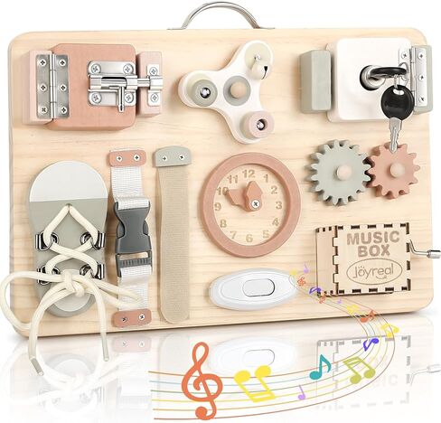 Joyreal Wooden Busy Board for Toddlers, Montessori Toys for 1 2 3 Year Old, Sensory Activity Board with Music Box & 12 Motor Skill Activities, Educational Travel Toys Gift for Boys Girls in Saudi Arabia