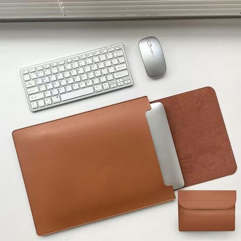 PU Leather Laptop Sleeve with Charger Pouch, Waterproof Shockproof Case for 11 12 13 13.3 14 15 15.4 15.6 16 Inch Notebook, No Magnetic Closure, Convertible Mouse Pad Surface (Brown, 14") in Saudi Arabia