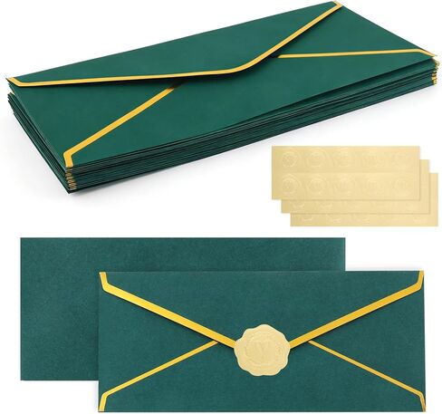 30 Pack #10 Business Envelopes with Gold Border V-Flap and 30 Pcs Stickers, 4 1/8 x 9 1/2 Inches Dark Green Self Seal Standard Envelopes for Office Letters Checks Invoices Invitation Wedding in Saudi Arabia