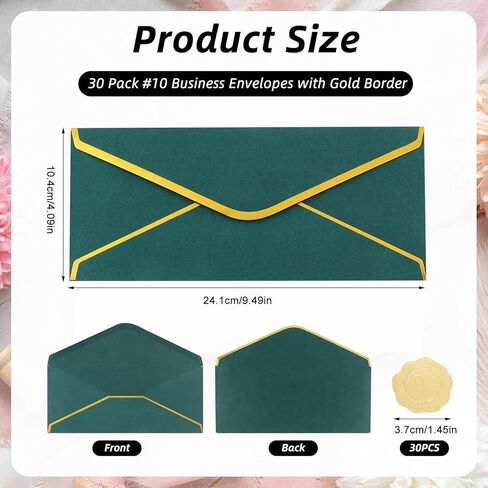 30 Pack #10 Business Envelopes with Gold Border V-Flap and 30 Pcs Stickers, 4 1/8 x 9 1/2 Inches Dark Green Self Seal Standard Envelopes for Office Letters Checks Invoices Invitation Wedding in Saudi Arabia