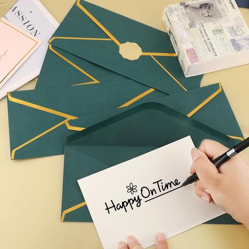 30 Pack #10 Business Envelopes with Gold Border V-Flap and 30 Pcs Stickers, 4 1/8 x 9 1/2 Inches Dark Green Self Seal Standard Envelopes for Office Letters Checks Invoices Invitation Wedding in Saudi Arabia