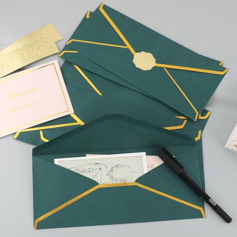 30 Pack #10 Business Envelopes with Gold Border V-Flap and 30 Pcs Stickers, 4 1/8 x 9 1/2 Inches Dark Green Self Seal Standard Envelopes for Office Letters Checks Invoices Invitation Wedding in Saudi Arabia
