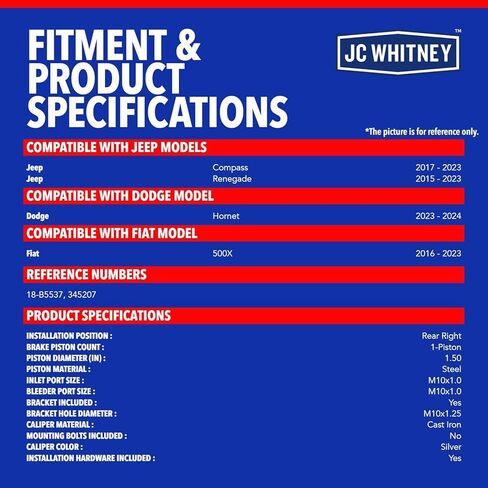 JC Whitney JFBAJCWBC00262 Rear Right Brake Caliper Assembly with Bracket - Compatible with Jeep Compass 2017-2023, Renegade 2015-2023, Dodge Hornet 2023-2024, Fiat 500X 2016-2023 in Kuwait