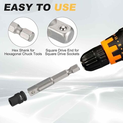 HARFINGTON 6pcs Impact Socket Adapter 1/4" Square Drive 1/4" Hex Shank 1" Long Extension Bit for Axle Nut Driver Drill Socket Sets in Kuwait