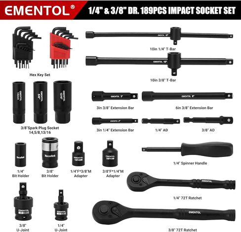 EMENTOL 189-Piece Impact Socket Set, 1/4" & 3/8" Drive Metric and SAE Sizes, CR-V Steel, Includes Deep & Shallow Sockets, Ratchets, Bits, Extensions, Spark Plug Socket & More, with Plastic Tool Case in Kuwait