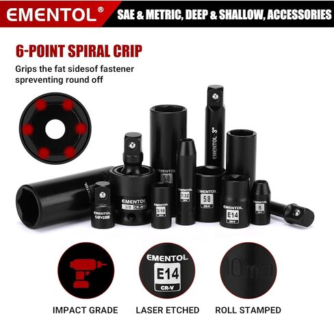 EMENTOL 189-Piece Impact Socket Set, 1/4" & 3/8" Drive Metric and SAE Sizes, CR-V Steel, Includes Deep & Shallow Sockets, Ratchets, Bits, Extensions, Spark Plug Socket & More, with Plastic Tool Case in Kuwait