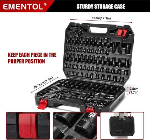 EMENTOL 189-Piece Impact Socket Set, 1/4" & 3/8" Drive Metric and SAE Sizes, CR-V Steel, Includes Deep & Shallow Sockets, Ratchets, Bits, Extensions, Spark Plug Socket & More, with Plastic Tool Case in Kuwait