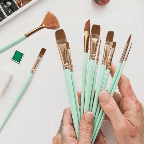 Artist Watercolor Paint Brushes, 12Pcs Paint Brushes Value Pack,12pcs Different Sizes Detail Paint Brush for Watercolor, Acrylics, Ink, Gouache, Oil, Tempera (Green) in Kuwait