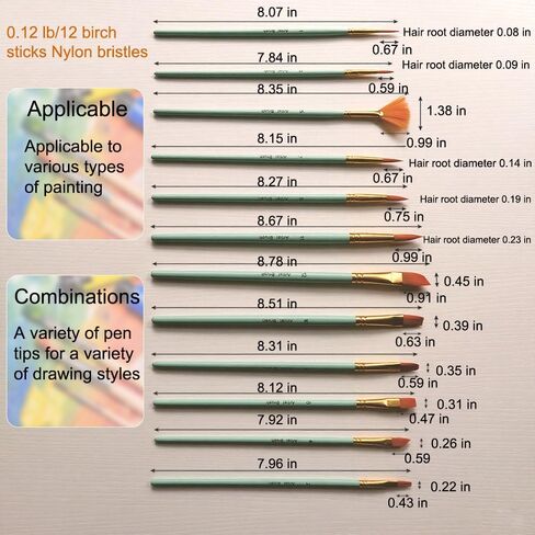 Artist Watercolor Paint Brushes, 12Pcs Paint Brushes Value Pack,12pcs Different Sizes Detail Paint Brush for Watercolor, Acrylics, Ink, Gouache, Oil, Tempera (Green) in Kuwait