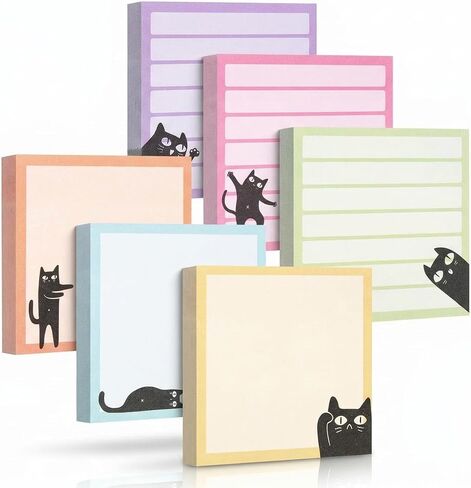 6 Pads Cat Themed Sticky Notes, 3x3 Cute Fun Black Cat Stationery Gifts for Women & Cat Lovers, Colorful Lined Self-Stick Memo Pads for Office & Home in Saudi Arabia