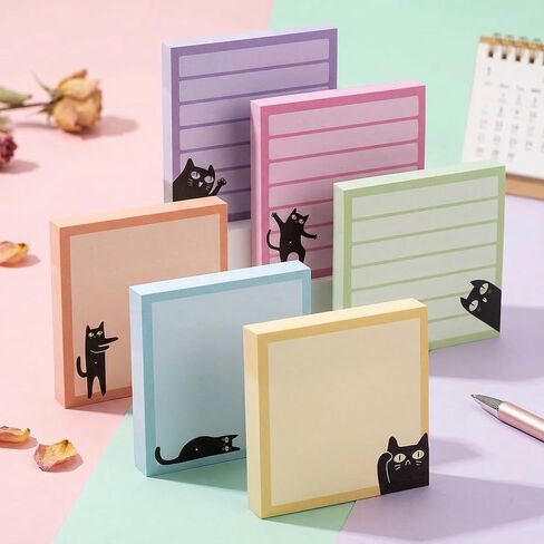 6 Pads Cat Themed Sticky Notes, 3x3 Cute Fun Black Cat Stationery Gifts for Women & Cat Lovers, Colorful Lined Self-Stick Memo Pads for Office & Home in Saudi Arabia