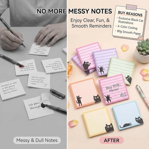 6 Pads Cat Themed Sticky Notes, 3x3 Cute Fun Black Cat Stationery Gifts for Women & Cat Lovers, Colorful Lined Self-Stick Memo Pads for Office & Home in Saudi Arabia