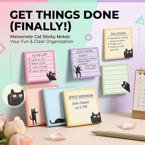 6 Pads Cat Themed Sticky Notes, 3x3 Cute Fun Black Cat Stationery Gifts for Women & Cat Lovers, Colorful Lined Self-Stick Memo Pads for Office & Home in Saudi Arabia