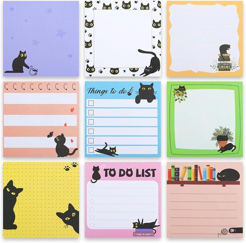 6 Pads Cat Themed Sticky Notes, 3x3 Cute Fun Black Cat Stationery Gifts for Women & Cat Lovers, Colorful Lined Self-Stick Memo Pads for Office & Home in Saudi Arabia