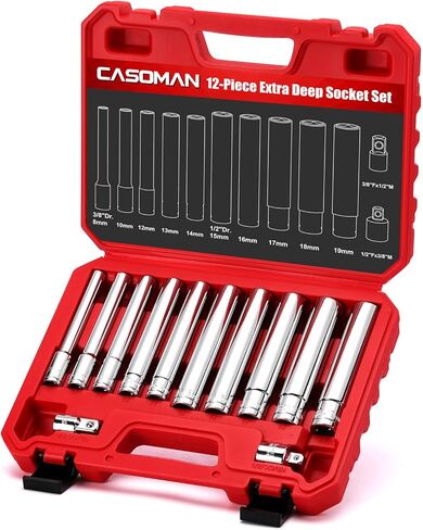 CASOMAN 12 قطعة 3/8 بوصة و1/2 بوصة مجموعة مقابس عميقة للغاية مع حقيبة تخزين، 6 نقاط، 8 مم إلى 19 مم، متري، CR-V، تتضمن محولات in Kuwait