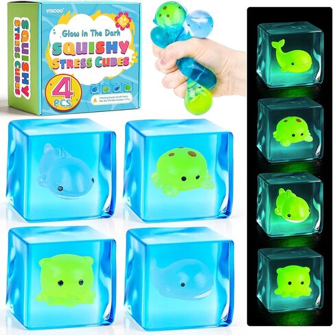 VISCOO 4 Pack Stress Cube -Glow in The Dark Sea Animal Inside Squishy Toys, Nice Cube Squishy Stress Balls for Anxiety Relief, Squeeze Toys for Kids Adults,Fidget Gummy Toys for Party Favors in Saudi Arabia