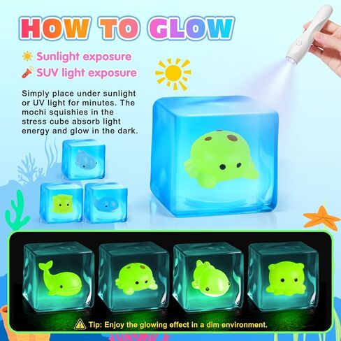 VISCOO 4 Pack Stress Cube -Glow in The Dark Sea Animal Inside Squishy Toys, Nice Cube Squishy Stress Balls for Anxiety Relief, Squeeze Toys for Kids Adults,Fidget Gummy Toys for Party Favors in Saudi Arabia