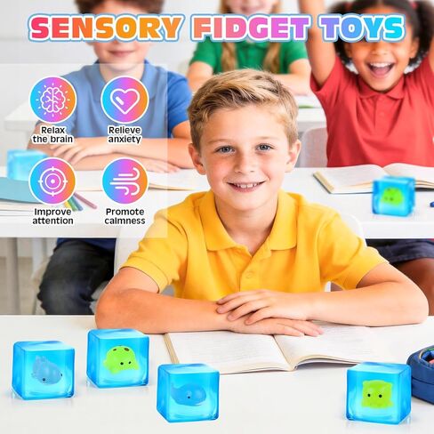 VISCOO 4 Pack Stress Cube -Glow in The Dark Sea Animal Inside Squishy Toys, Nice Cube Squishy Stress Balls for Anxiety Relief, Squeeze Toys for Kids Adults,Fidget Gummy Toys for Party Favors in Saudi Arabia
