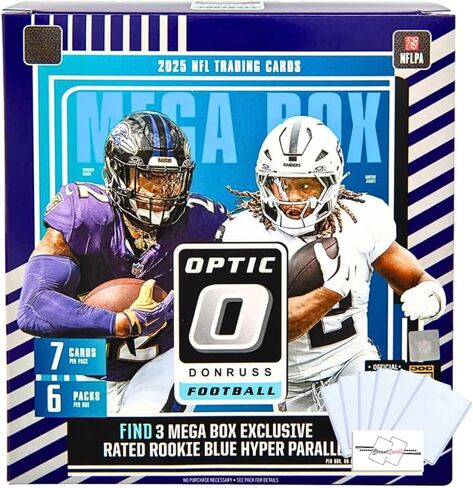 2025 Donruss Optic Football NFL Mega Box مع 42 بطاقة تداول + 6 أدوات تحميل علوية ومغناطيس StreetCards! ابحث عن وسط المدينة! in Kuwait