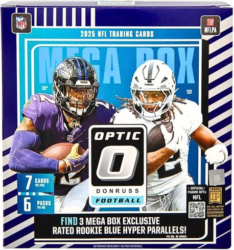 2025 Donruss Optic Football NFL Mega Box مع 42 بطاقة تداول + 6 أدوات تحميل علوية ومغناطيس StreetCards! ابحث عن وسط المدينة! in Kuwait