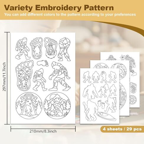 29Pcs Sasquatch Water Soluble Hand Sewing Stabilizers, 8.3"x11.7" Flower Sasquatch Silhouette Embroidery Pattern Stabilizer, 4 Sheets Stick and Stitch Embroidery Paper Sticker in Kuwait
