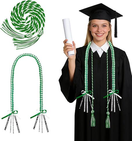 2 PCS Graduation Leis 2026 Graduation Cords Set Green White Graduations Necklace Class of 2026 Honor Cord, Braided Grad Accessories Gifts for Women Men, Ribbon Lei Grad Party Favors in Saudi Arabia