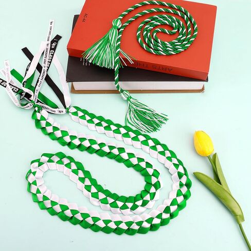 2 PCS Graduation Leis 2026 Graduation Cords Set Green White Graduations Necklace Class of 2026 Honor Cord, Braided Grad Accessories Gifts for Women Men, Ribbon Lei Grad Party Favors in Saudi Arabia