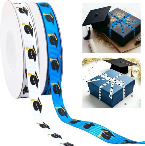 AnyDesign 2 Rolls Graduation Cap Grosgrain Ribbons 30 Yards White Blue Graduation Fabric Craft Ribbon for Wreath Bow Gift Wrap Congrats Grad Party Decor, 3/8" in Kuwait