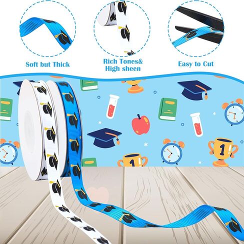 AnyDesign 2 Rolls Graduation Cap Grosgrain Ribbons 30 Yards White Blue Graduation Fabric Craft Ribbon for Wreath Bow Gift Wrap Congrats Grad Party Decor, 3/8" in Kuwait