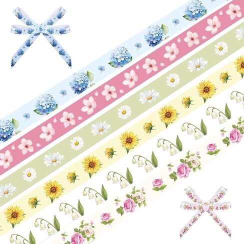 6 Rolls 3/8" Floral Grosgrain Ribbon, Thin Craft Ribbon with Assorted Flower Patterns for Gift Wrapping, Bouquet, Sewing DIY in Kuwait