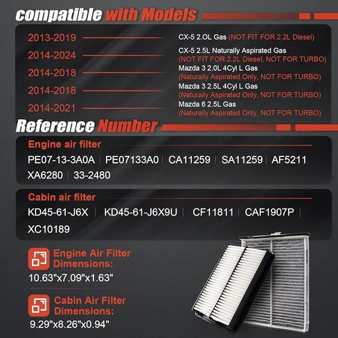 Engine & Cabin Air Filter Kit for CX-5 2013–2024, Mazda 3 2014–2018, Mazda 6 2014–2021, 2.0L/2.5L Gas, Replace PE07133A0A & KD45-61-J6X, Not for Turbo in Saudi Arabia