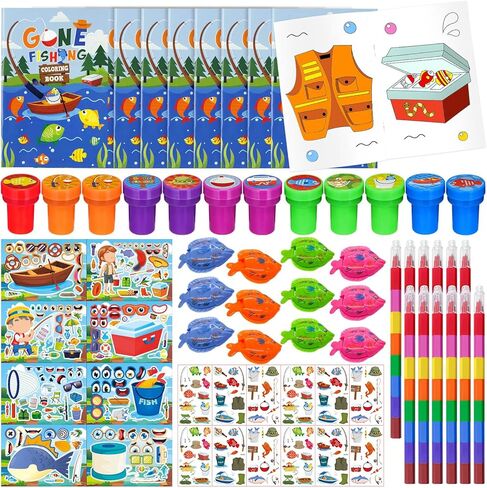 Cinrobiye 72 Pcs Gone Fishing Party Favors Bulk，Mini Coloring Book with Crayons Tattoos Stickers Stamps， Summer Fishing Party Favors Goodie Bags Fillers, Little Fisherman Party Supplies Prizes Gift in Kuwait
