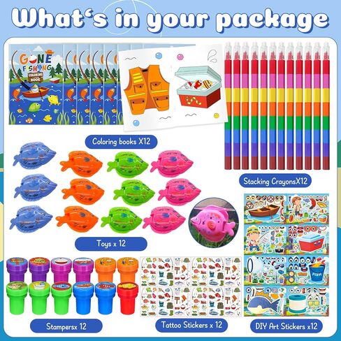 Cinrobiye 72 Pcs Gone Fishing Party Favors Bulk，Mini Coloring Book with Crayons Tattoos Stickers Stamps， Summer Fishing Party Favors Goodie Bags Fillers, Little Fisherman Party Supplies Prizes Gift in Kuwait