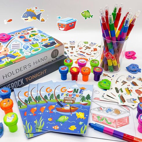 Cinrobiye 72 Pcs Gone Fishing Party Favors Bulk，Mini Coloring Book with Crayons Tattoos Stickers Stamps， Summer Fishing Party Favors Goodie Bags Fillers, Little Fisherman Party Supplies Prizes Gift in Kuwait