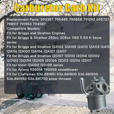 593357 استبدال المكربن ​​لمحركات سلسلة الثلج 205cc 250cc 1150 مناسبة لسلسلة Briggs & Stratton 12A100 12D100 مناسبة لـ Ariens 920014 790558 مجموعة النظام الكامل لمنفاخ الثلج in Kuwait