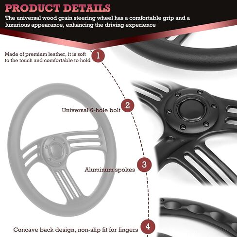 14inch Steering Wheel 350mm Aluminum Alloy Matte Black Spokes, Black Microfiber Leather Grip, 6-Bolt 3 Spoke Fit for Cars,Vintage Car Classic Car – 70mm Deep Dish Universal Steering Wheel in Saudi Arabia