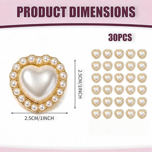 30 Pcs Faux Pearl Button, Heart Shaped White Vintage Pearl Embellishments, 25mm Flatback Decorative Buttons for Sewing, Clothing, Wedding and DIY Crafts in Saudi Arabia