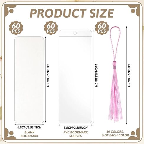 180pcs Kraft Paper Blank Bookmarks,60pcs Make Your Own Watercolor Paper Bookmarks,with 60pcs Clear Bookmark Sleeves,60 Tassels in Ten Colors,for DIY Crafts and Gifts in Saudi Arabia