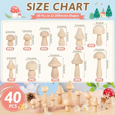 40 Pcs Big Sizes Unfinished Wooden Mushroom, Natural Plain Unpainted Wooden Mini Mushroom Figurines, Wood Mushrooms, Unpainted Art Project Crafting and Fairy Themed Spring Summer Decor in Kuwait