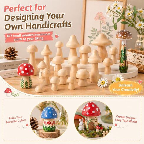 40 Pcs Big Sizes Unfinished Wooden Mushroom, Natural Plain Unpainted Wooden Mini Mushroom Figurines, Wood Mushrooms, Unpainted Art Project Crafting and Fairy Themed Spring Summer Decor in Kuwait